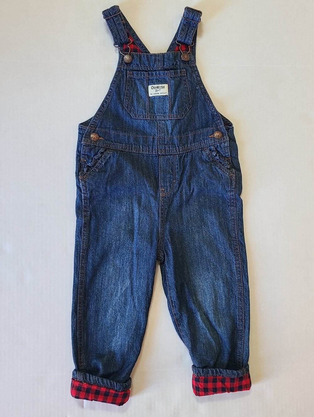 Oshkosh Denim Overalls 4T Buffalo Plaid Lining. Excellent condition.